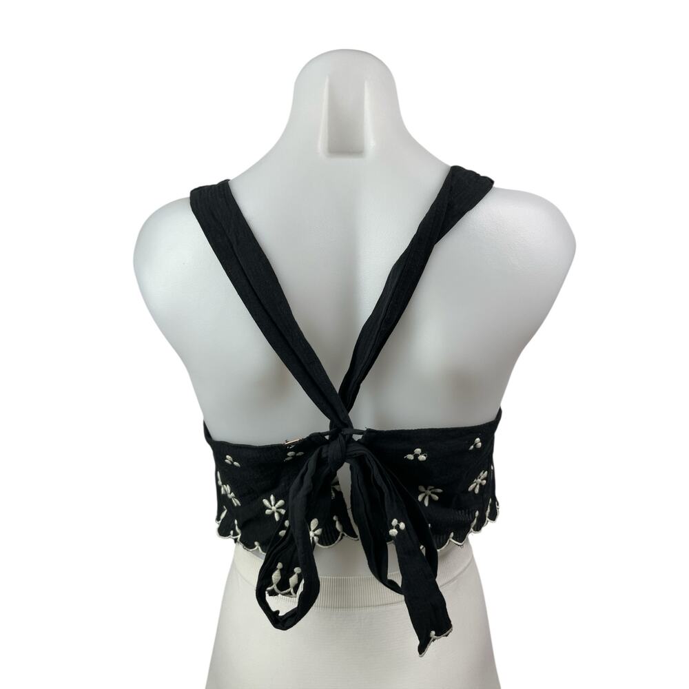 Free People Kayla Black Floral Embroidered Sleeveless Tie Blouse Top Size S - Picture 4 of 6